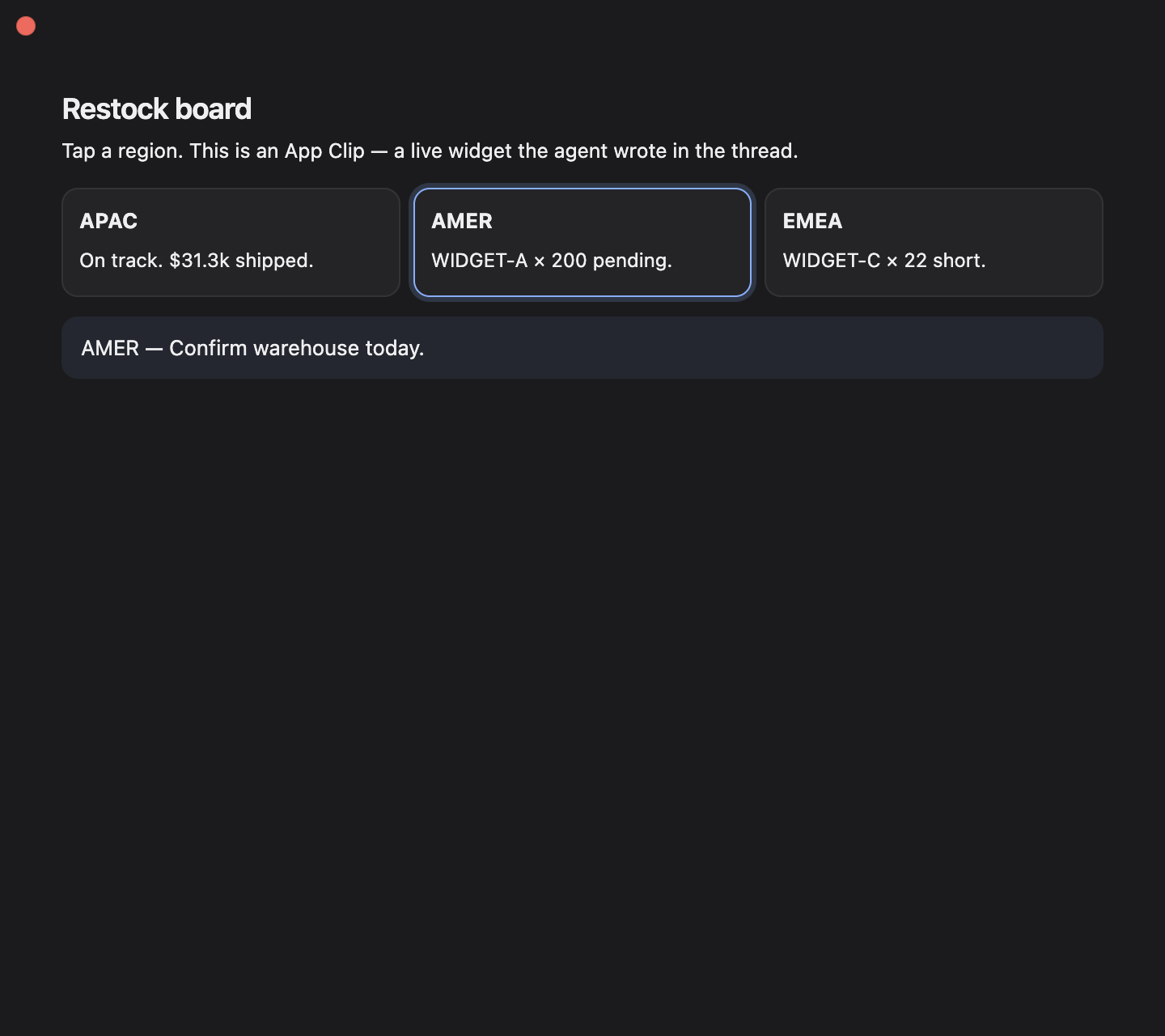 VAV App Clip: interactive restock board popped out of chat