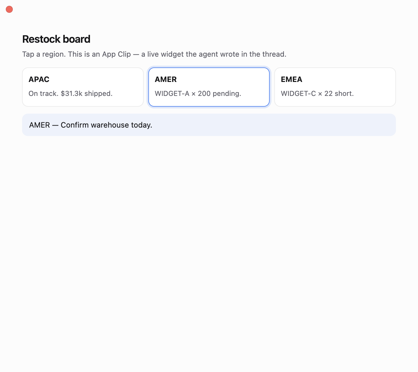 VAV App Clip: interactive restock board popped out of chat