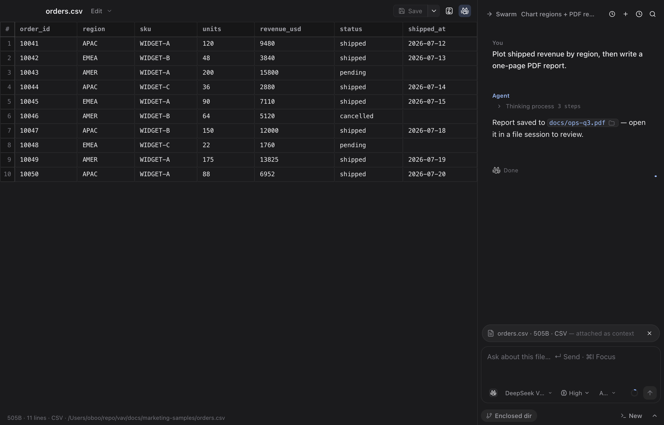vav CSV window with Vega-Lite and PDF report