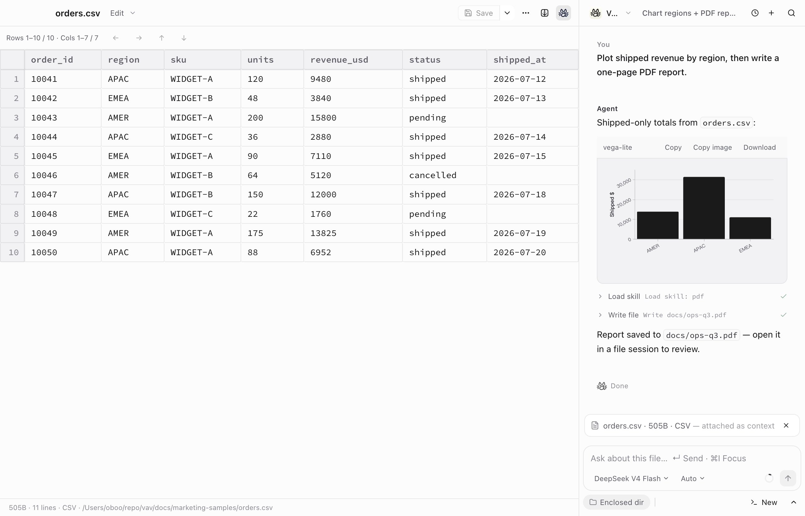 vav CSV window with Vega-Lite and PDF report