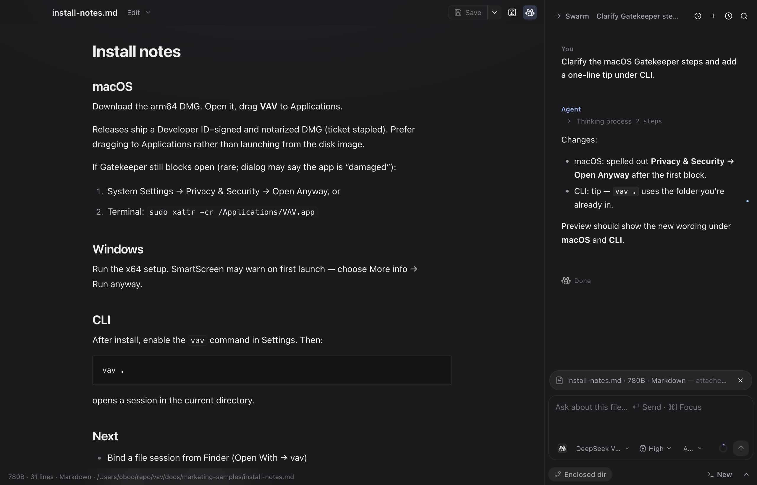 vav Markdown window with read and write tools