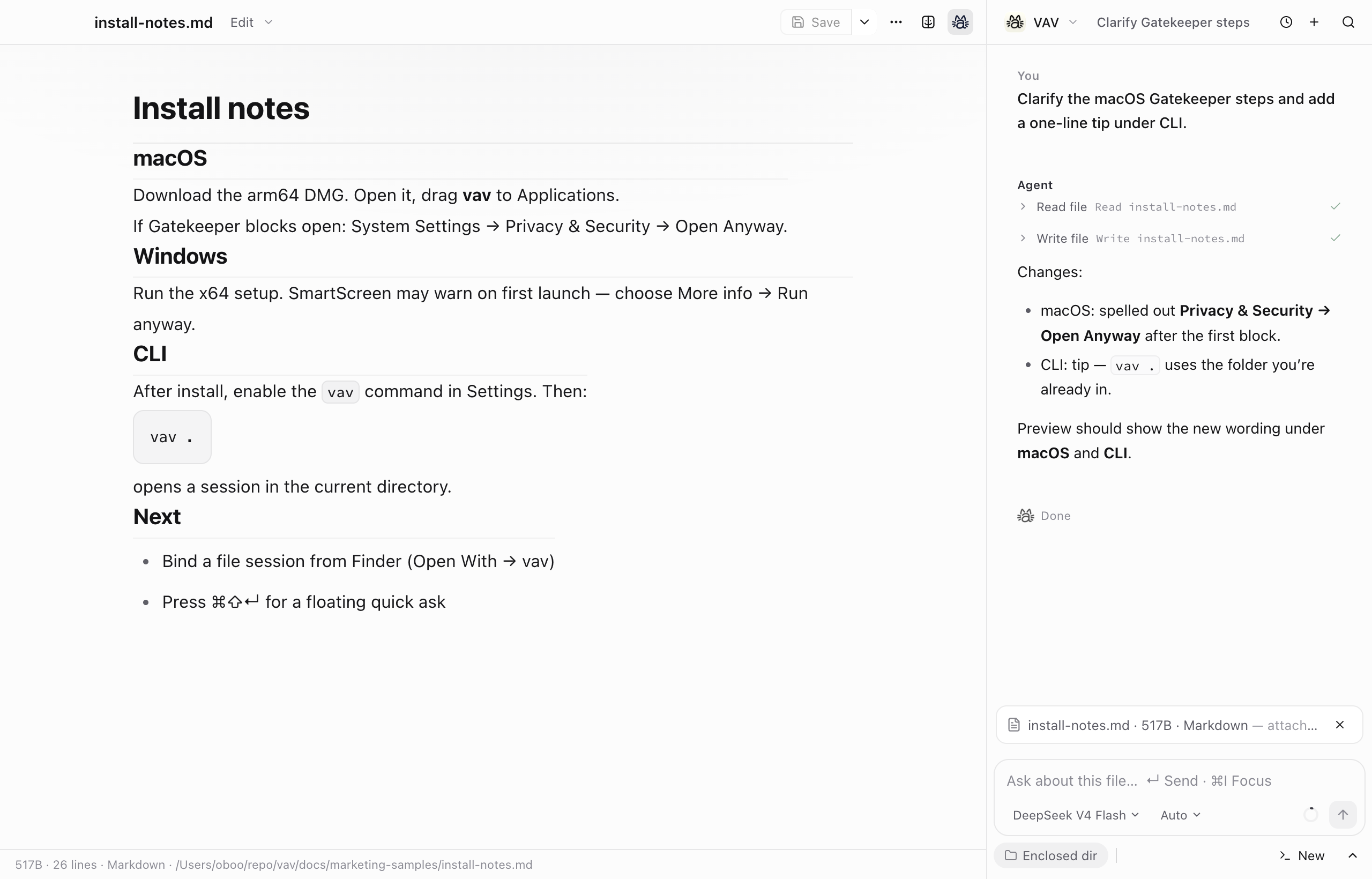 vav Markdown window with read and write tools