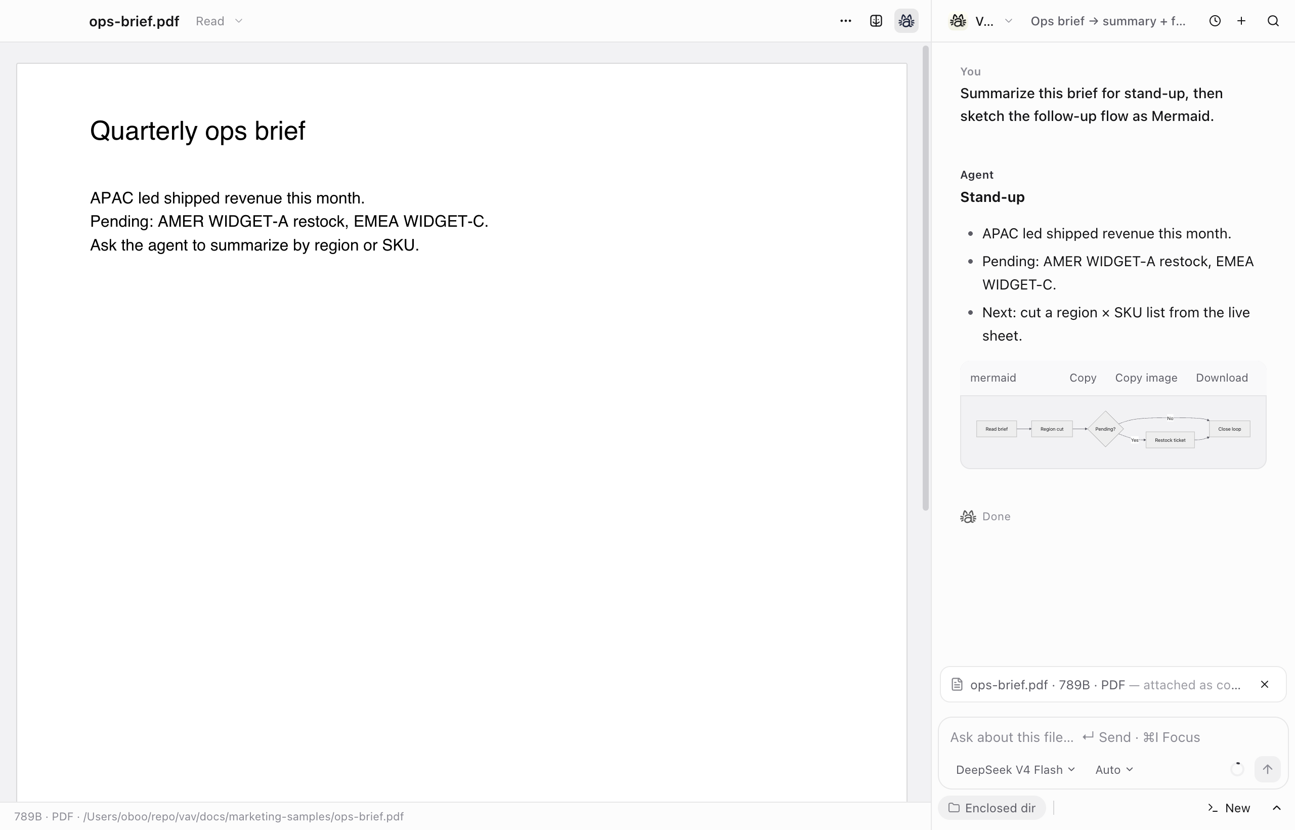 vav PDF window with summary and Mermaid