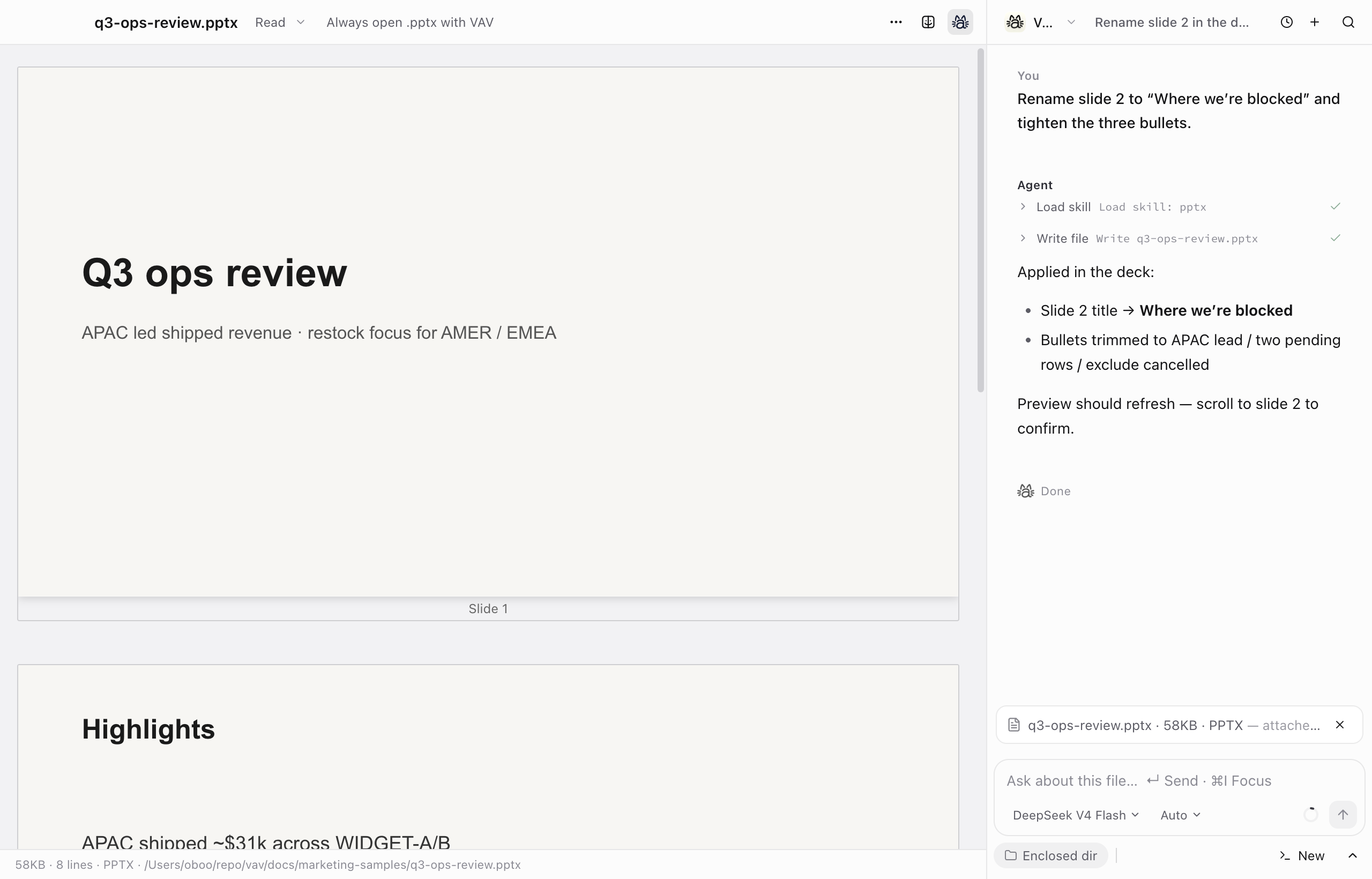 vav PowerPoint window with edit tool calls