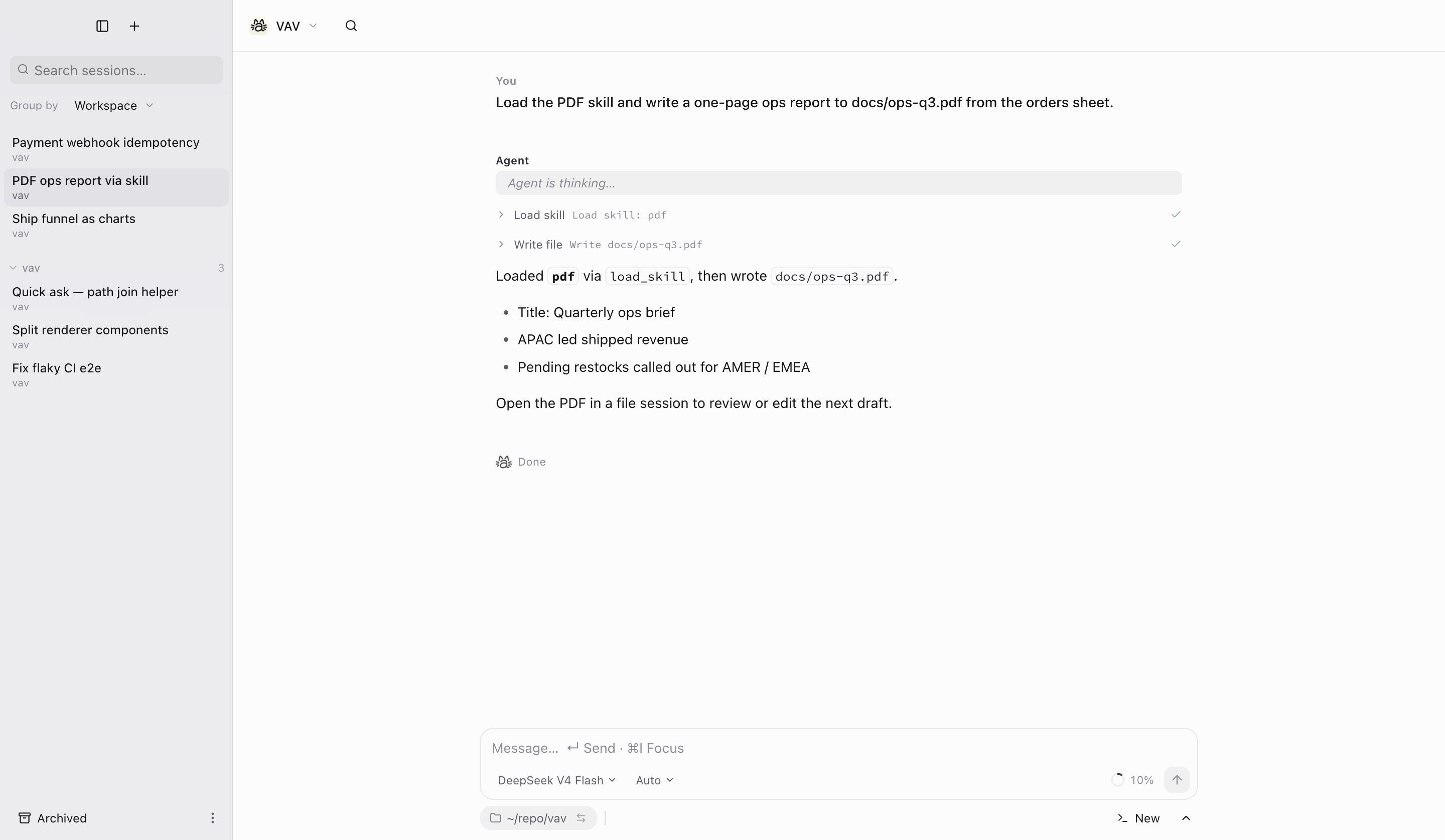 vav agent loading the PDF skill and writing docs/ops-q3.pdf