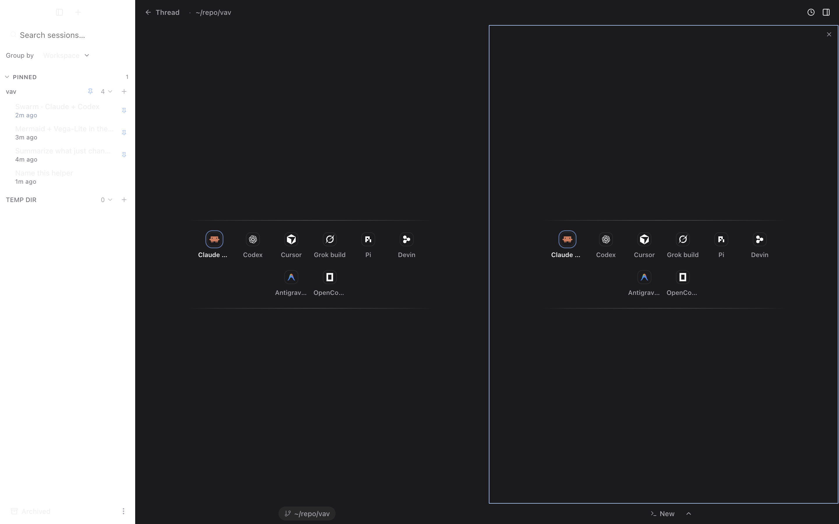 VAV Swarm: two CLI agent panes side by side