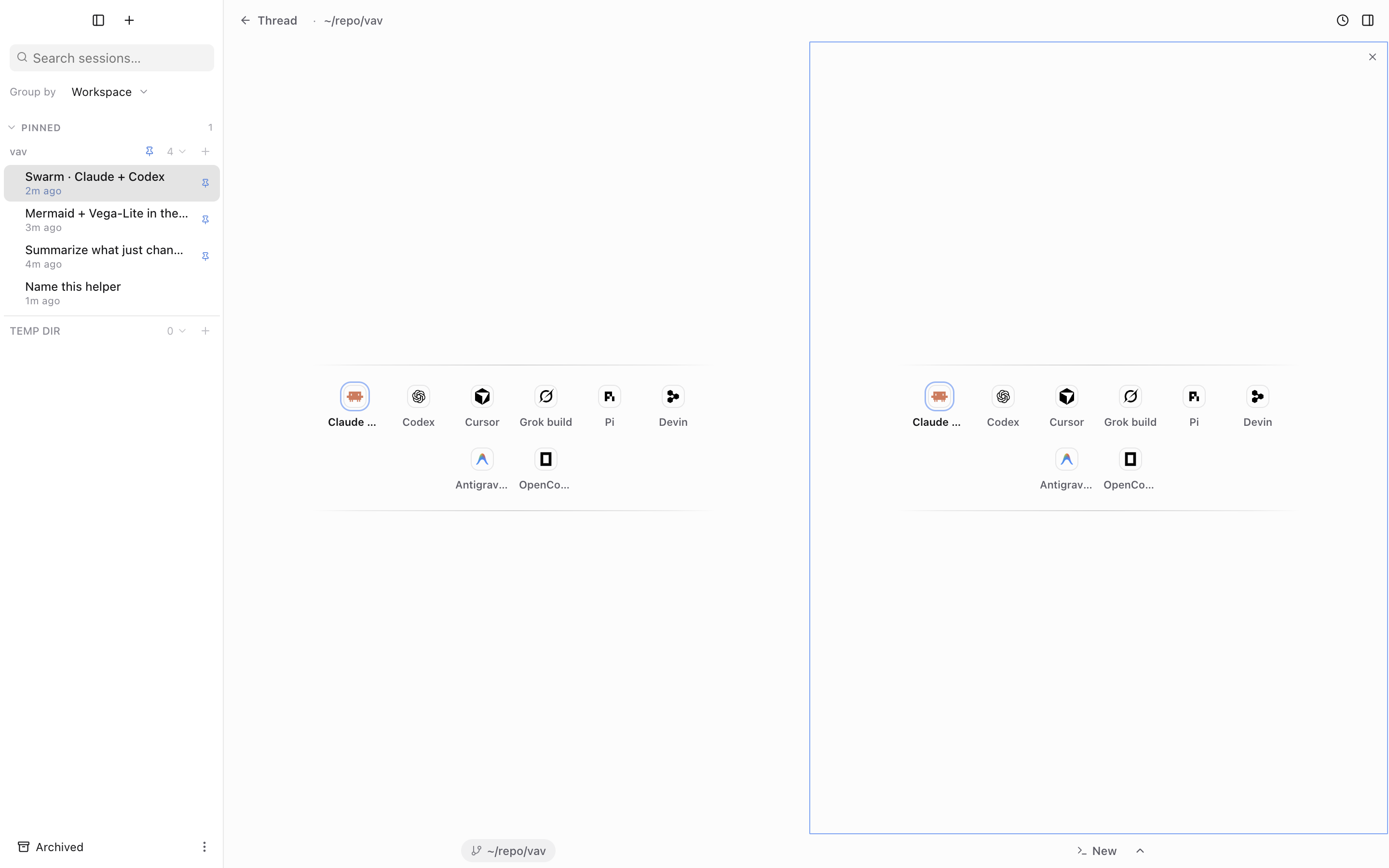 VAV Swarm: two CLI agent panes side by side