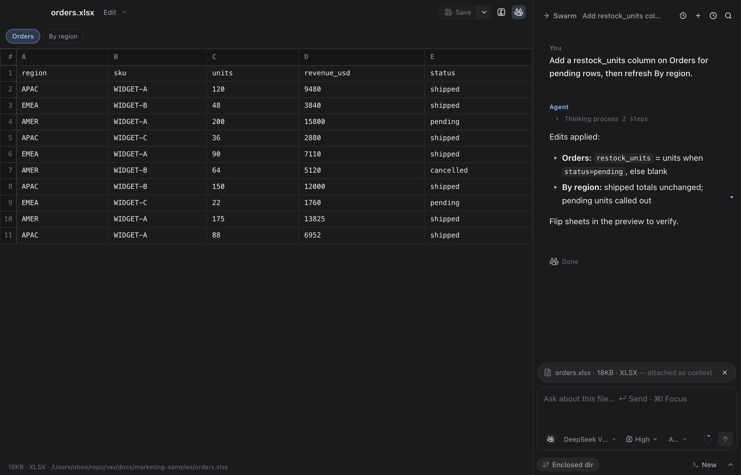 vav Excel window with agent editing