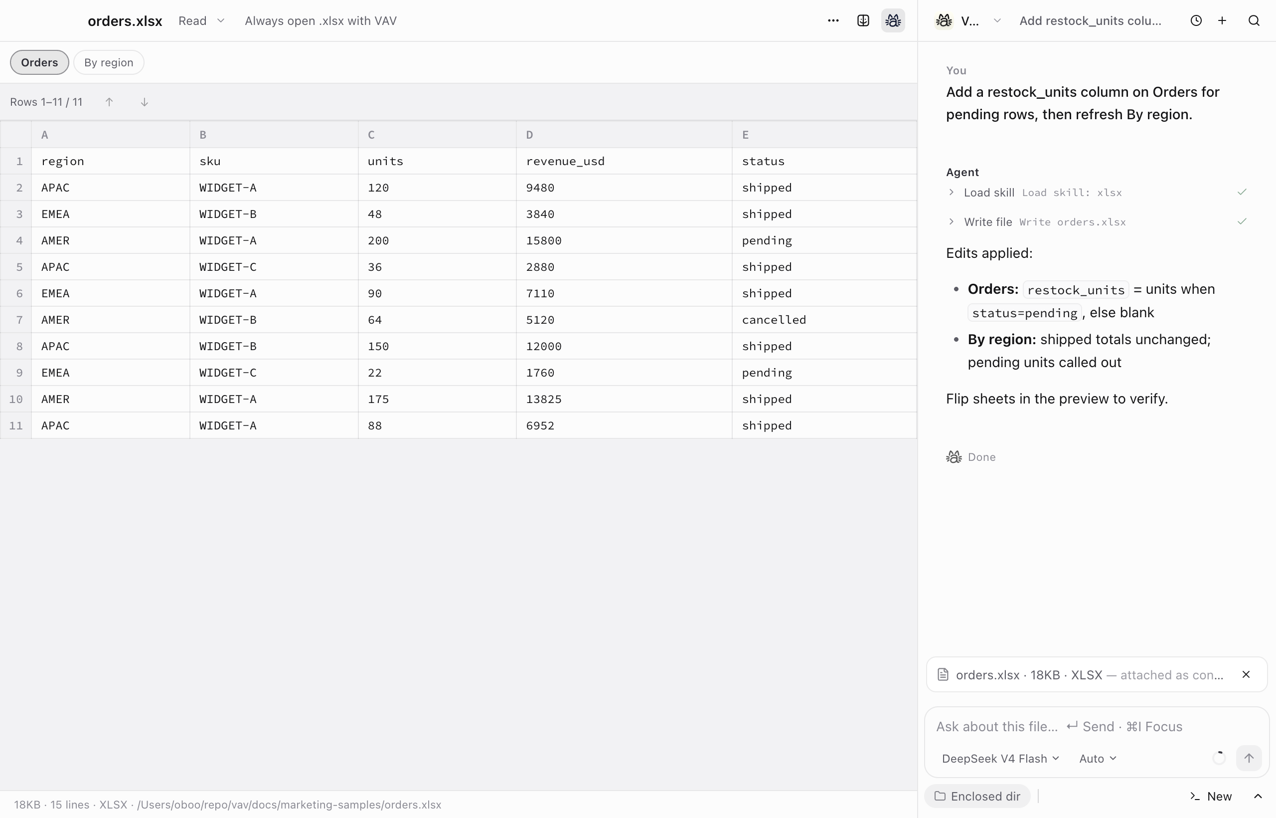 vav Excel window with agent editing